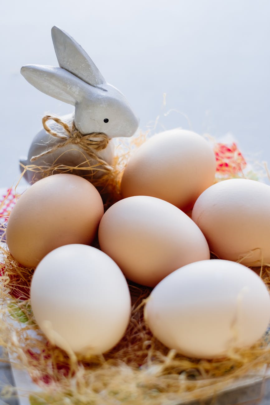 rabbit figurine beside brown eggs on a nest